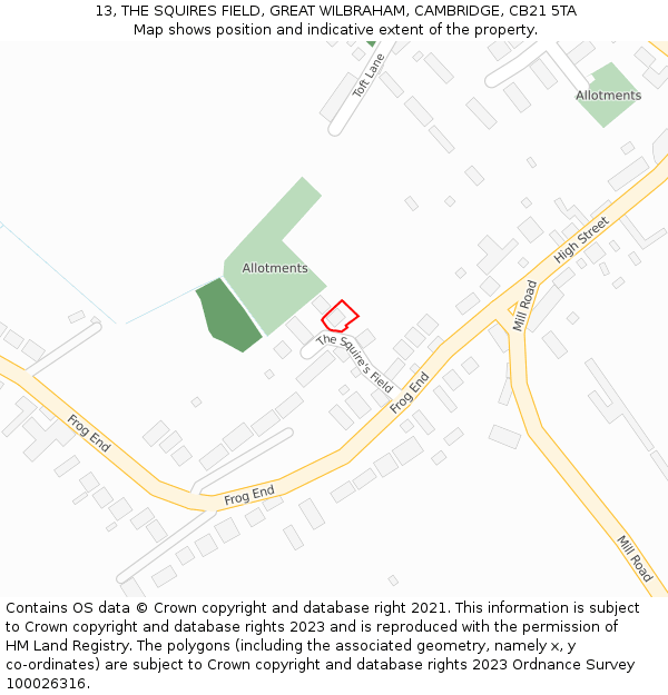 13, THE SQUIRES FIELD, GREAT WILBRAHAM, CAMBRIDGE, CB21 5TA: Location map and indicative extent of plot