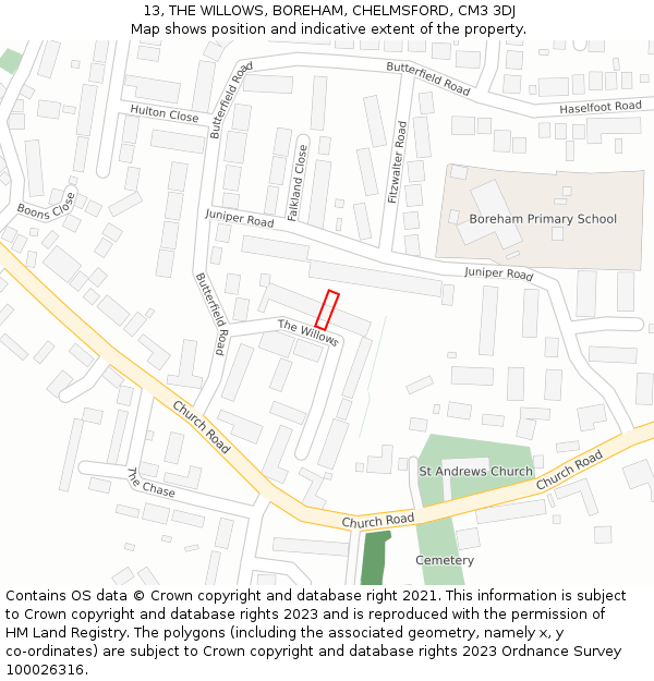 13, THE WILLOWS, BOREHAM, CHELMSFORD, CM3 3DJ: Location map and indicative extent of plot