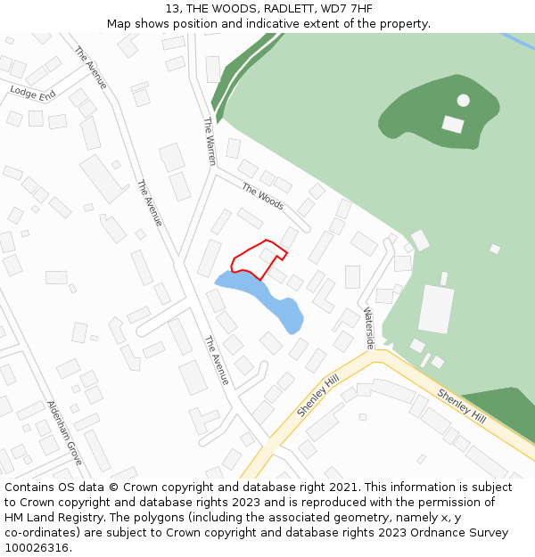 13, THE WOODS, RADLETT, WD7 7HF: Location map and indicative extent of plot