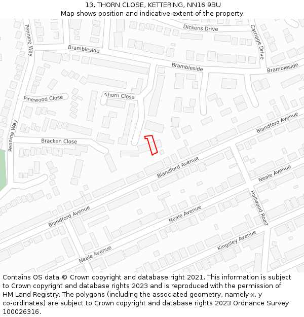 13, THORN CLOSE, KETTERING, NN16 9BU: Location map and indicative extent of plot