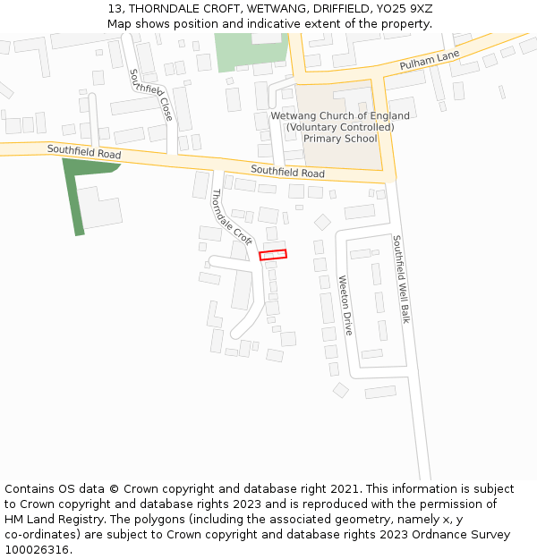 13, THORNDALE CROFT, WETWANG, DRIFFIELD, YO25 9XZ: Location map and indicative extent of plot