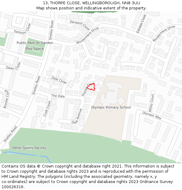 13, THORPE CLOSE, WELLINGBOROUGH, NN8 3UU: Location map and indicative extent of plot