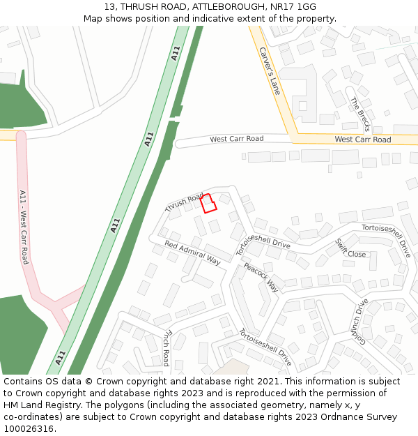 13, THRUSH ROAD, ATTLEBOROUGH, NR17 1GG: Location map and indicative extent of plot