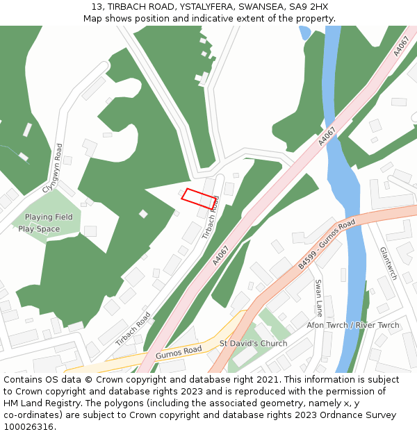 13, TIRBACH ROAD, YSTALYFERA, SWANSEA, SA9 2HX: Location map and indicative extent of plot