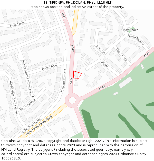 13, TIRIONFA, RHUDDLAN, RHYL, LL18 6LT: Location map and indicative extent of plot