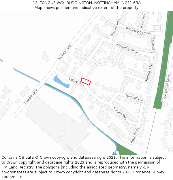 13, TONGUE WAY, RUDDINGTON, NOTTINGHAM, NG11 6BA: Location map and indicative extent of plot