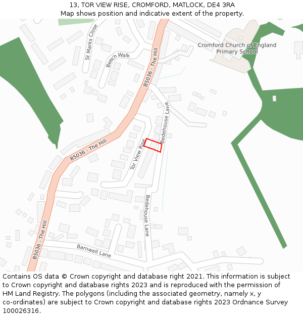 13, TOR VIEW RISE, CROMFORD, MATLOCK, DE4 3RA: Location map and indicative extent of plot