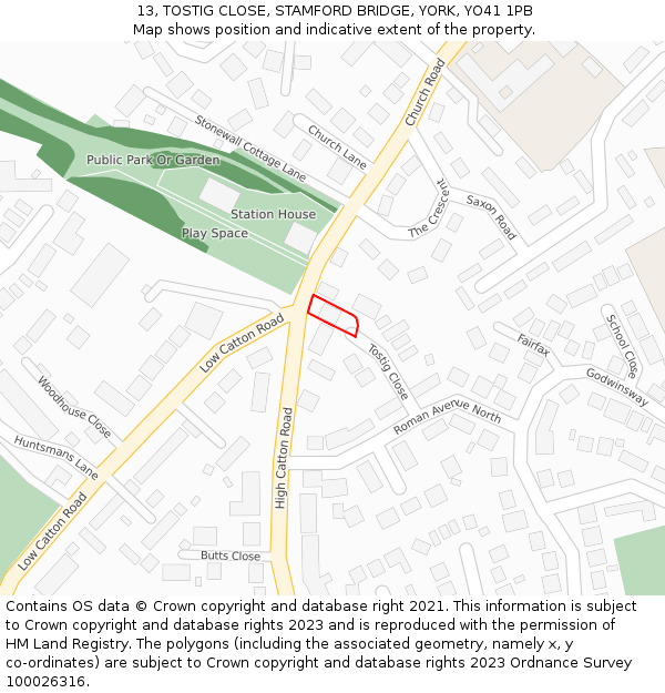 13, TOSTIG CLOSE, STAMFORD BRIDGE, YORK, YO41 1PB: Location map and indicative extent of plot