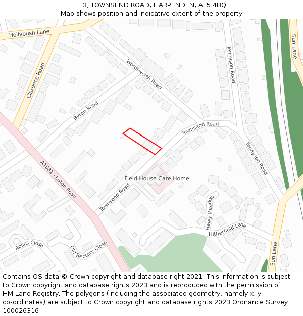 13, TOWNSEND ROAD, HARPENDEN, AL5 4BQ: Location map and indicative extent of plot