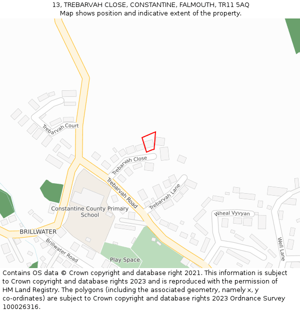 13, TREBARVAH CLOSE, CONSTANTINE, FALMOUTH, TR11 5AQ: Location map and indicative extent of plot