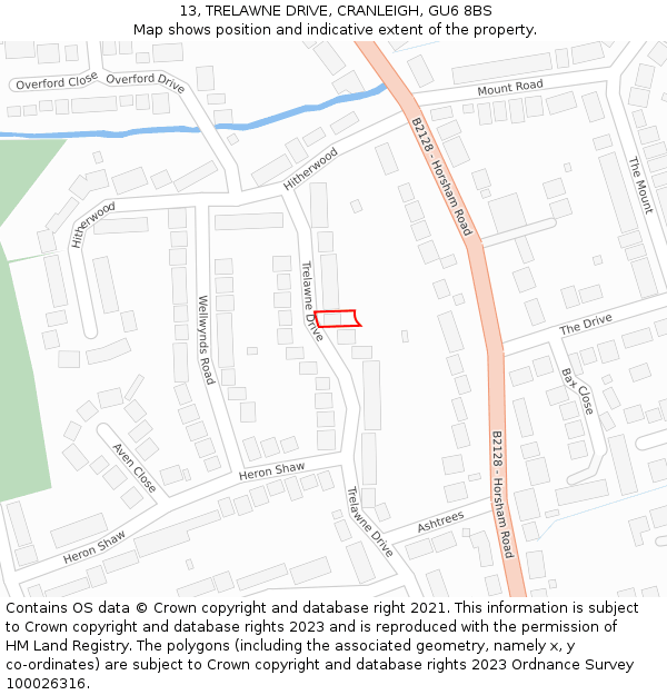 13, TRELAWNE DRIVE, CRANLEIGH, GU6 8BS: Location map and indicative extent of plot