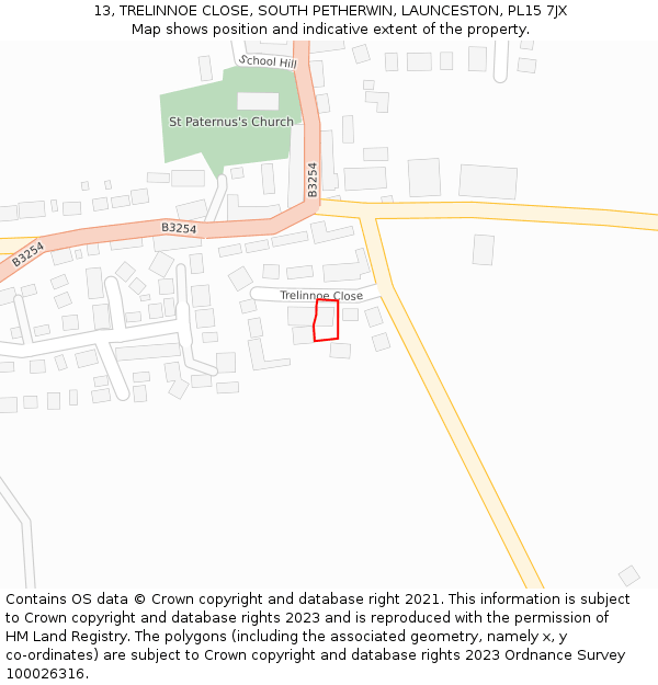 13, TRELINNOE CLOSE, SOUTH PETHERWIN, LAUNCESTON, PL15 7JX: Location map and indicative extent of plot