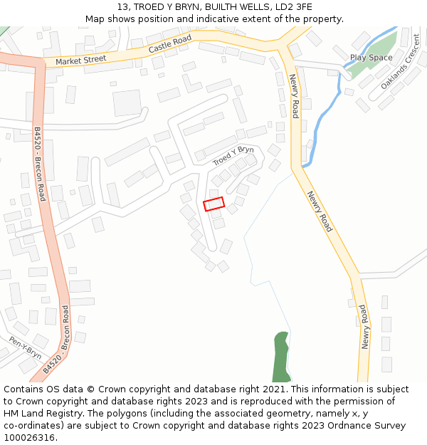 13, TROED Y BRYN, BUILTH WELLS, LD2 3FE: Location map and indicative extent of plot