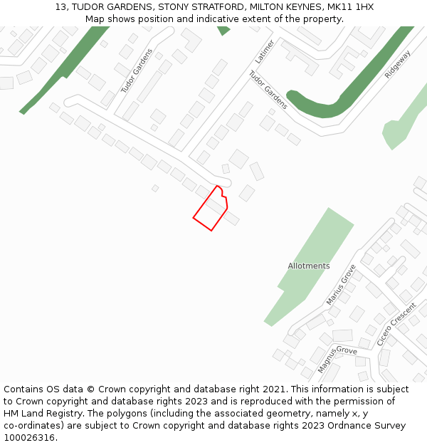 13, TUDOR GARDENS, STONY STRATFORD, MILTON KEYNES, MK11 1HX: Location map and indicative extent of plot