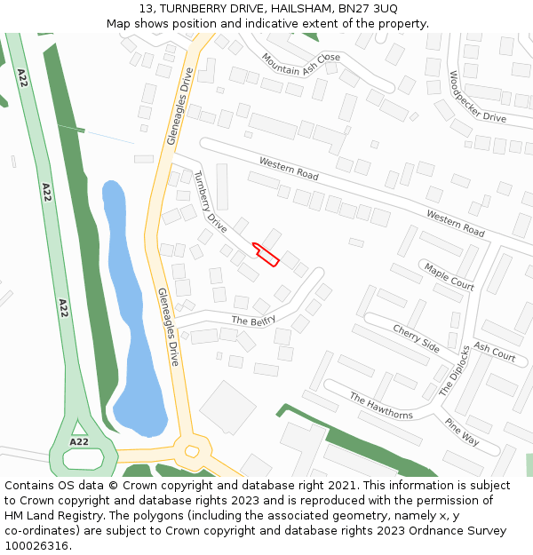 13, TURNBERRY DRIVE, HAILSHAM, BN27 3UQ: Location map and indicative extent of plot