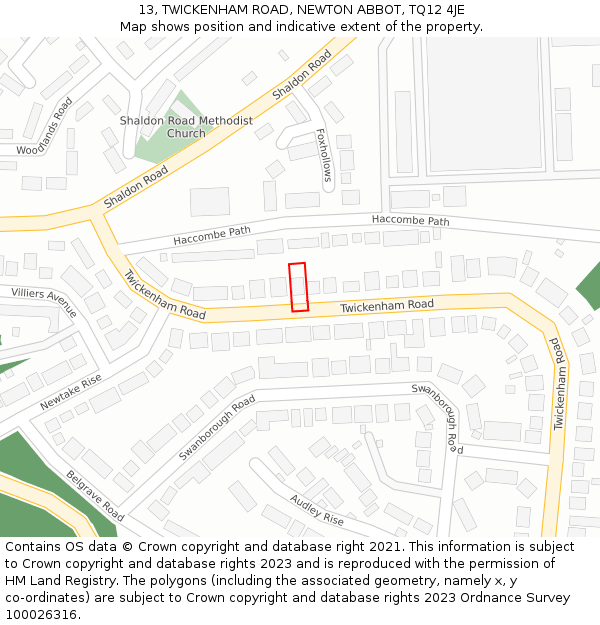 13, TWICKENHAM ROAD, NEWTON ABBOT, TQ12 4JE: Location map and indicative extent of plot