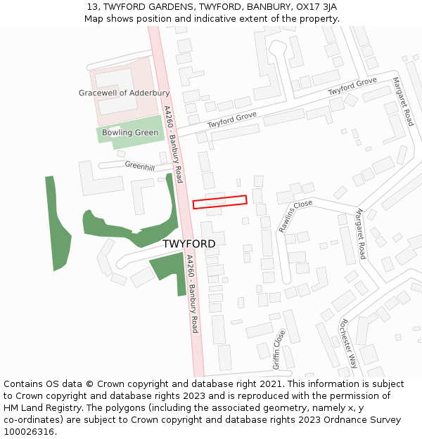 13, TWYFORD GARDENS, TWYFORD, BANBURY, OX17 3JA: Location map and indicative extent of plot