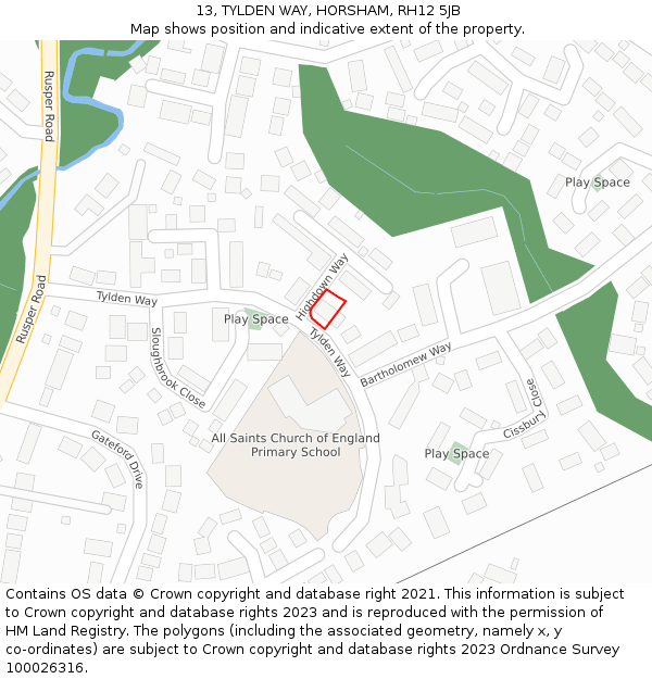 13, TYLDEN WAY, HORSHAM, RH12 5JB: Location map and indicative extent of plot