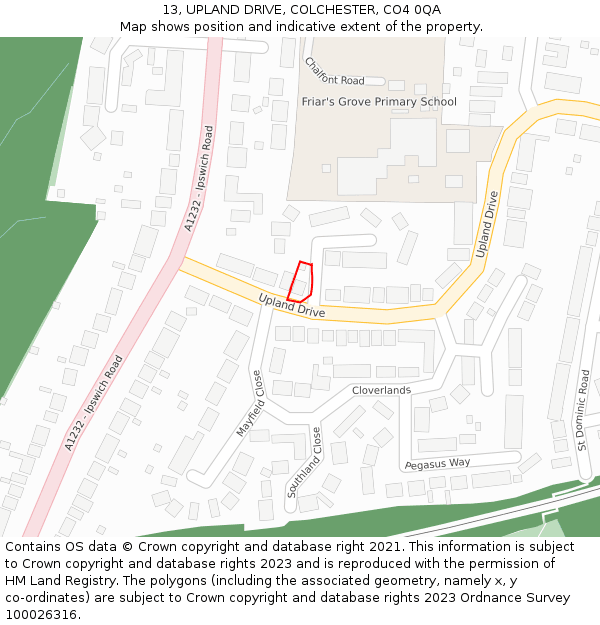 13, UPLAND DRIVE, COLCHESTER, CO4 0QA: Location map and indicative extent of plot