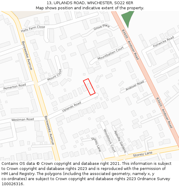 13, UPLANDS ROAD, WINCHESTER, SO22 6ER: Location map and indicative extent of plot