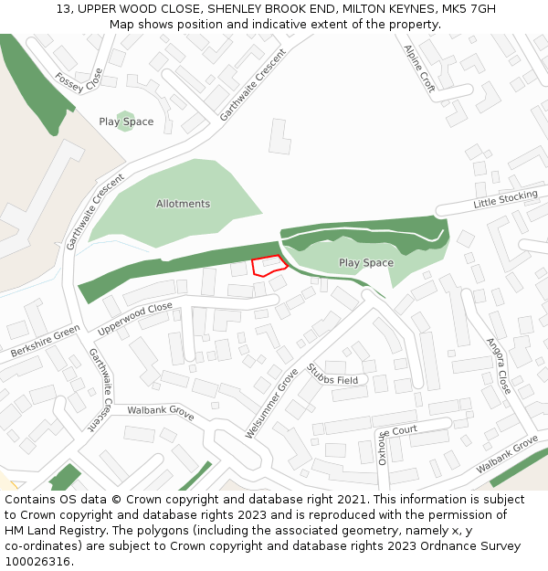 13, UPPER WOOD CLOSE, SHENLEY BROOK END, MILTON KEYNES, MK5 7GH: Location map and indicative extent of plot