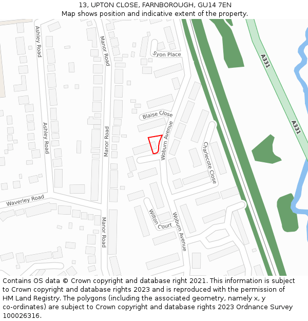 13, UPTON CLOSE, FARNBOROUGH, GU14 7EN: Location map and indicative extent of plot