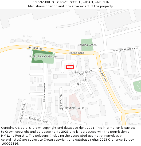 13, VANBRUGH GROVE, ORRELL, WIGAN, WN5 0HA: Location map and indicative extent of plot