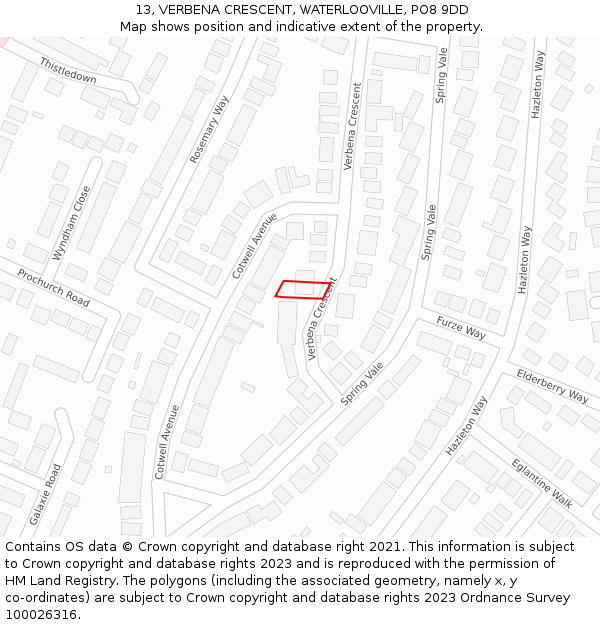 13, VERBENA CRESCENT, WATERLOOVILLE, PO8 9DD: Location map and indicative extent of plot