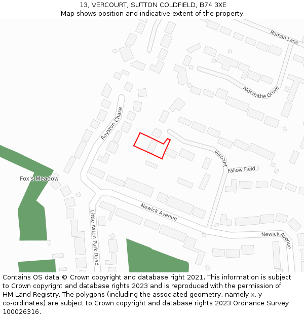 13, VERCOURT, SUTTON COLDFIELD, B74 3XE: Location map and indicative extent of plot