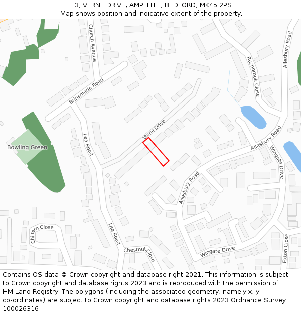 13, VERNE DRIVE, AMPTHILL, BEDFORD, MK45 2PS: Location map and indicative extent of plot