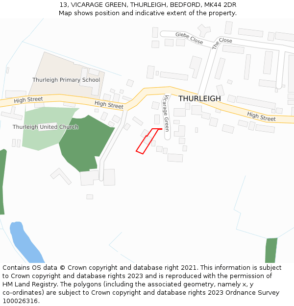 13, VICARAGE GREEN, THURLEIGH, BEDFORD, MK44 2DR: Location map and indicative extent of plot