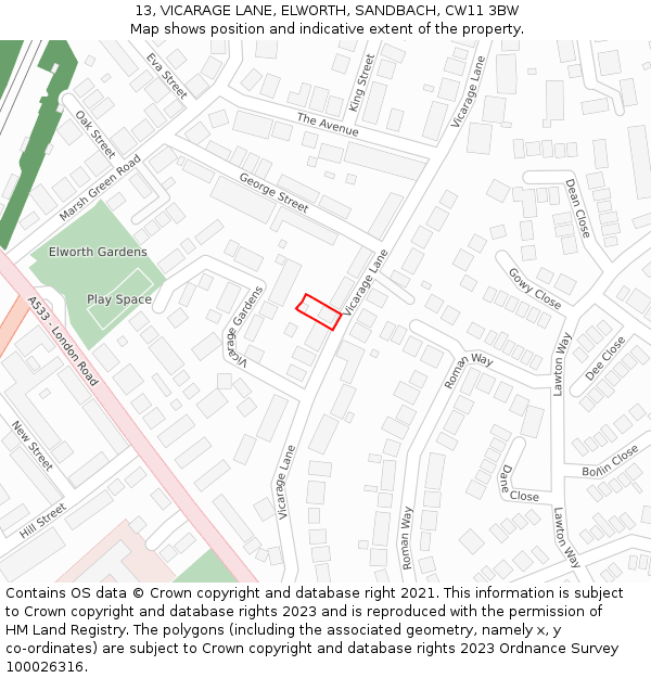 13, VICARAGE LANE, ELWORTH, SANDBACH, CW11 3BW: Location map and indicative extent of plot