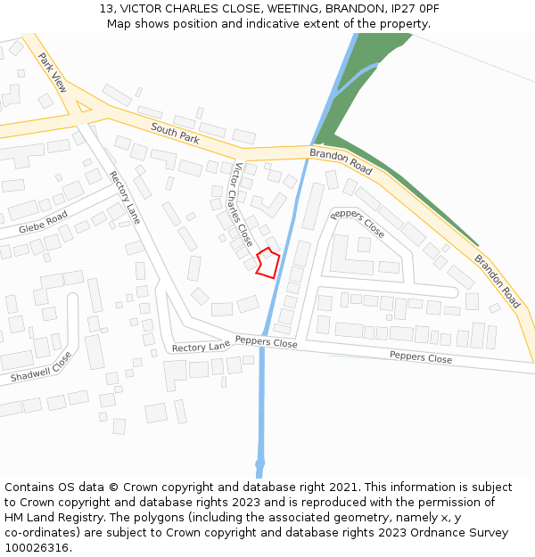 13, VICTOR CHARLES CLOSE, WEETING, BRANDON, IP27 0PF: Location map and indicative extent of plot