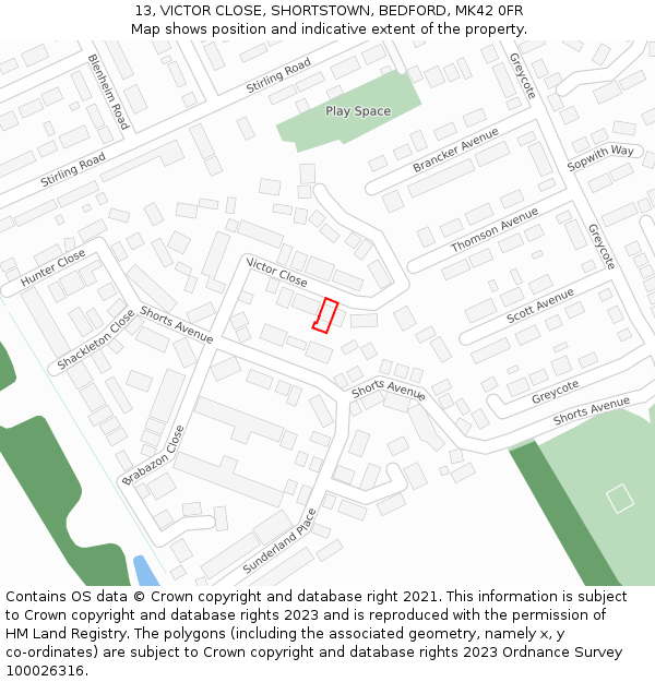 13, VICTOR CLOSE, SHORTSTOWN, BEDFORD, MK42 0FR: Location map and indicative extent of plot