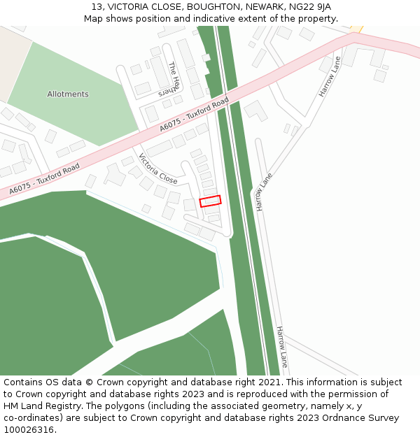 13, VICTORIA CLOSE, BOUGHTON, NEWARK, NG22 9JA: Location map and indicative extent of plot