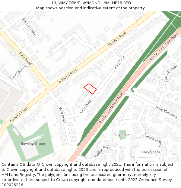 13, VIMY DRIVE, WYMONDHAM, NR18 0PB: Location map and indicative extent of plot