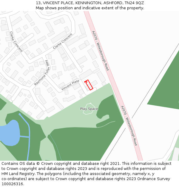 13, VINCENT PLACE, KENNINGTON, ASHFORD, TN24 9QZ: Location map and indicative extent of plot