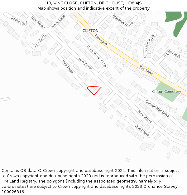 13, VINE CLOSE, CLIFTON, BRIGHOUSE, HD6 4JS: Location map and indicative extent of plot