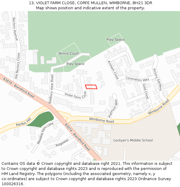 13, VIOLET FARM CLOSE, CORFE MULLEN, WIMBORNE, BH21 3DR: Location map and indicative extent of plot
