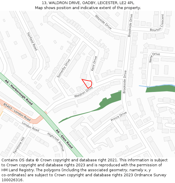 13, WALDRON DRIVE, OADBY, LEICESTER, LE2 4PL: Location map and indicative extent of plot