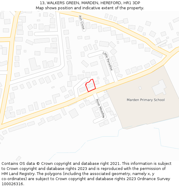 13, WALKERS GREEN, MARDEN, HEREFORD, HR1 3DP: Location map and indicative extent of plot