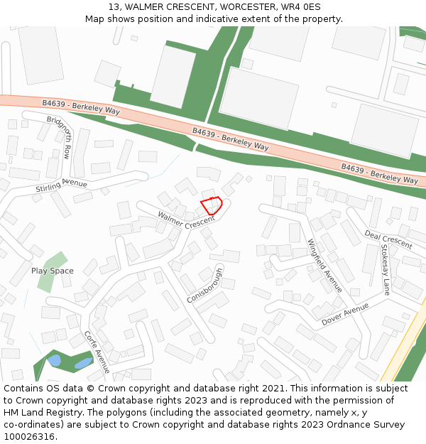 13, WALMER CRESCENT, WORCESTER, WR4 0ES: Location map and indicative extent of plot