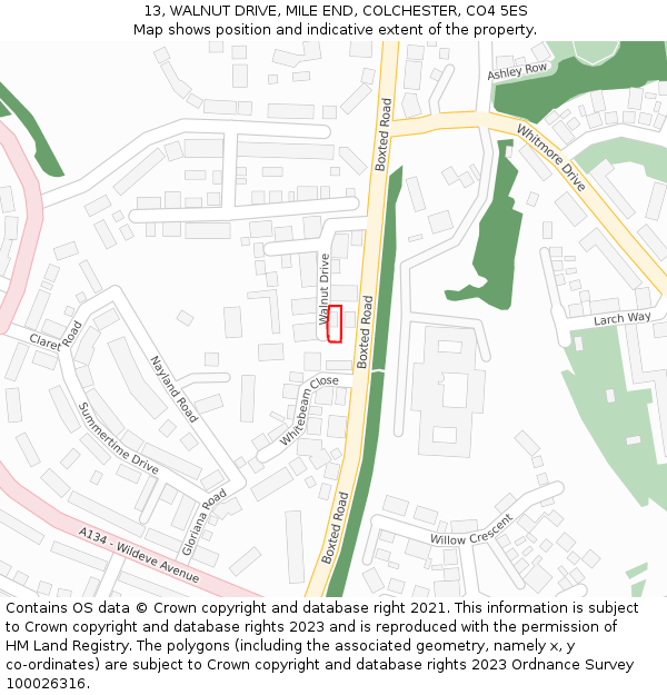 13, WALNUT DRIVE, MILE END, COLCHESTER, CO4 5ES: Location map and indicative extent of plot