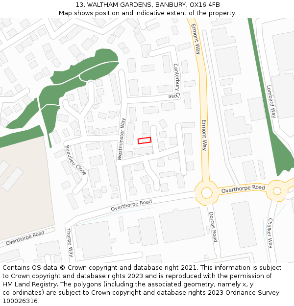 13, WALTHAM GARDENS, BANBURY, OX16 4FB: Location map and indicative extent of plot