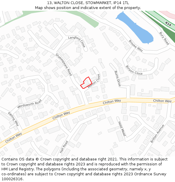 13, WALTON CLOSE, STOWMARKET, IP14 1TL: Location map and indicative extent of plot