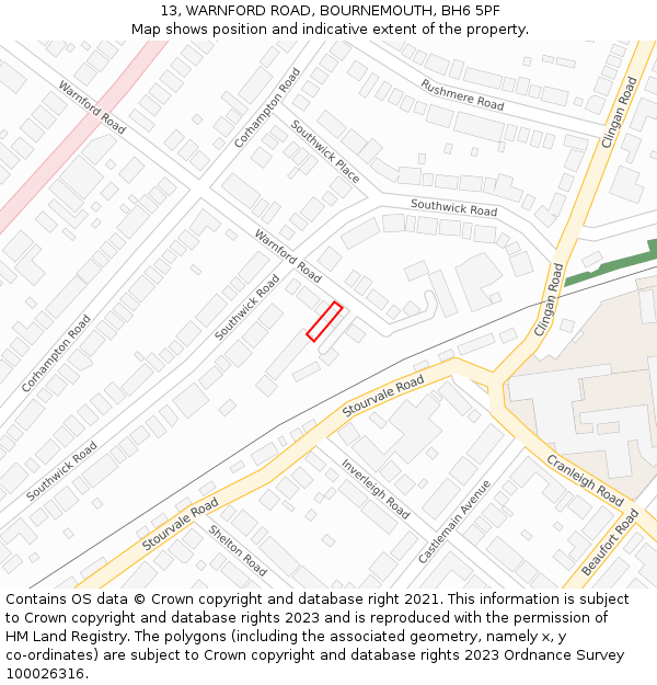 13, WARNFORD ROAD, BOURNEMOUTH, BH6 5PF: Location map and indicative extent of plot