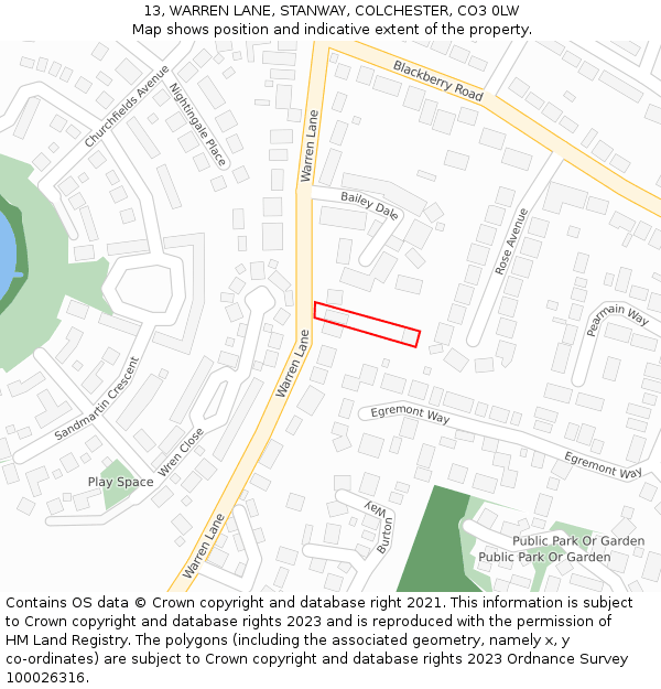 13, WARREN LANE, STANWAY, COLCHESTER, CO3 0LW: Location map and indicative extent of plot