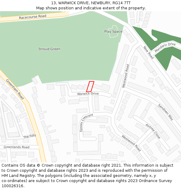 13, WARWICK DRIVE, NEWBURY, RG14 7TT: Location map and indicative extent of plot