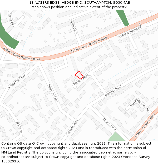 13, WATERS EDGE, HEDGE END, SOUTHAMPTON, SO30 4AE: Location map and indicative extent of plot