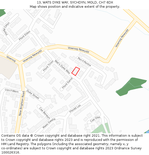 13, WATS DYKE WAY, SYCHDYN, MOLD, CH7 6DX: Location map and indicative extent of plot